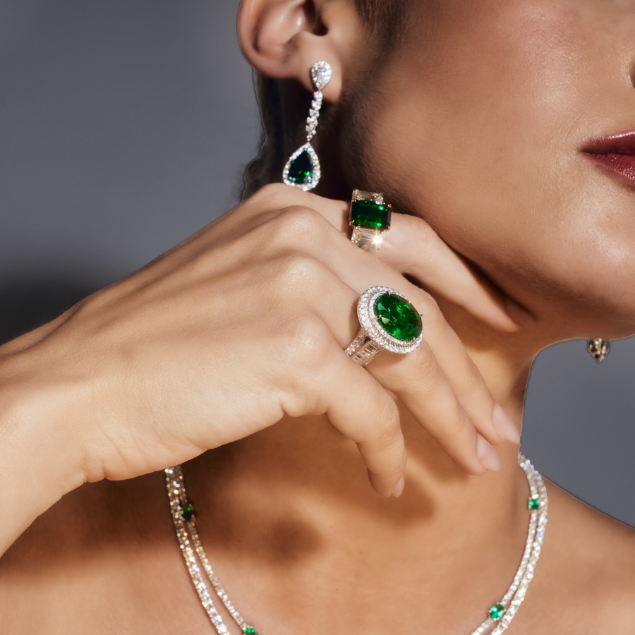 High Jewellery Three Stone Emerald Cut Diamond Ring | White Gold