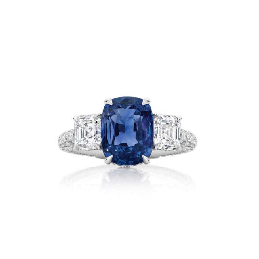 High Jewellery Collection Cushion Cut Sapphire Gemstone and Diamond Three Stone Ring | White Gold