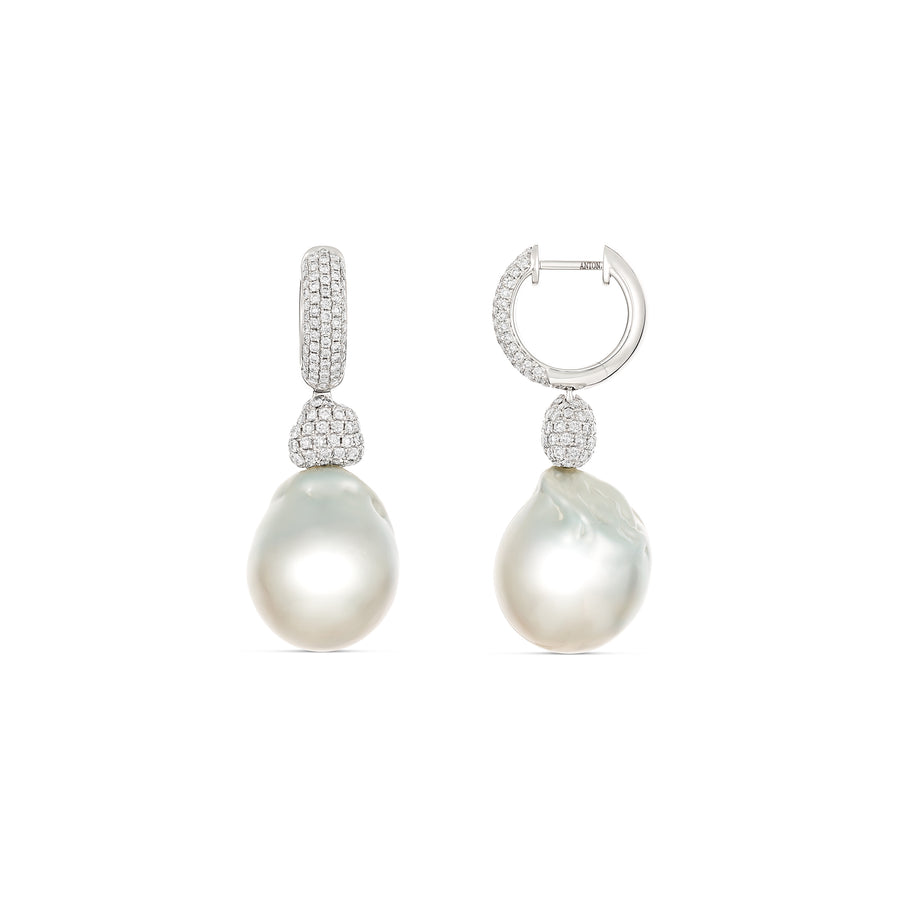 Artisan Duet Pearl and Diamond Drop Huggies | White Gold