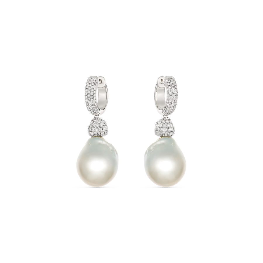 Artisan Duet Pearl and Diamond Drop Huggies | White Gold