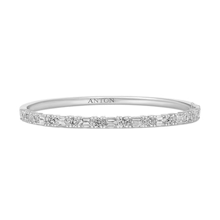 Riviera Emerald and Round Cut Large Natural Diamond Bangle | 18k White Gold