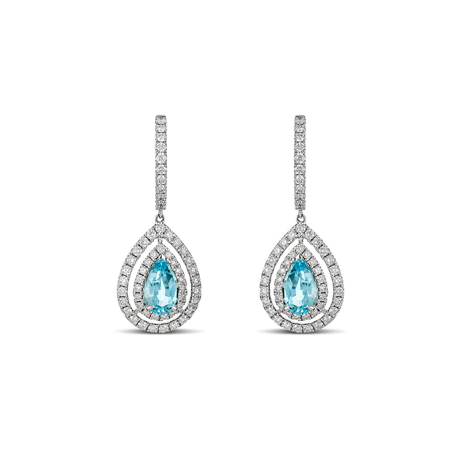 Regal Collection® Pear Cut Aquamarine Gemstone and Diamond Halo Earrings | White Gold