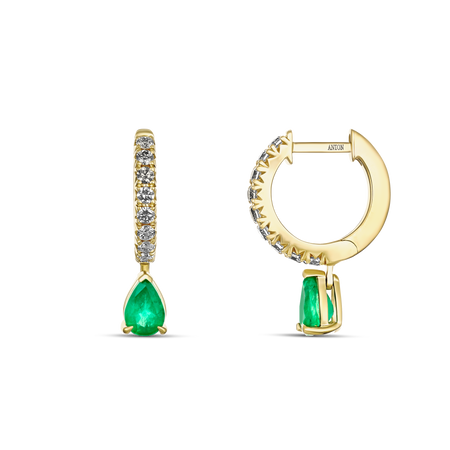 Krisscut Emerald and Diamond Mini Pear Drop Huggies | 18k Yellow Gold