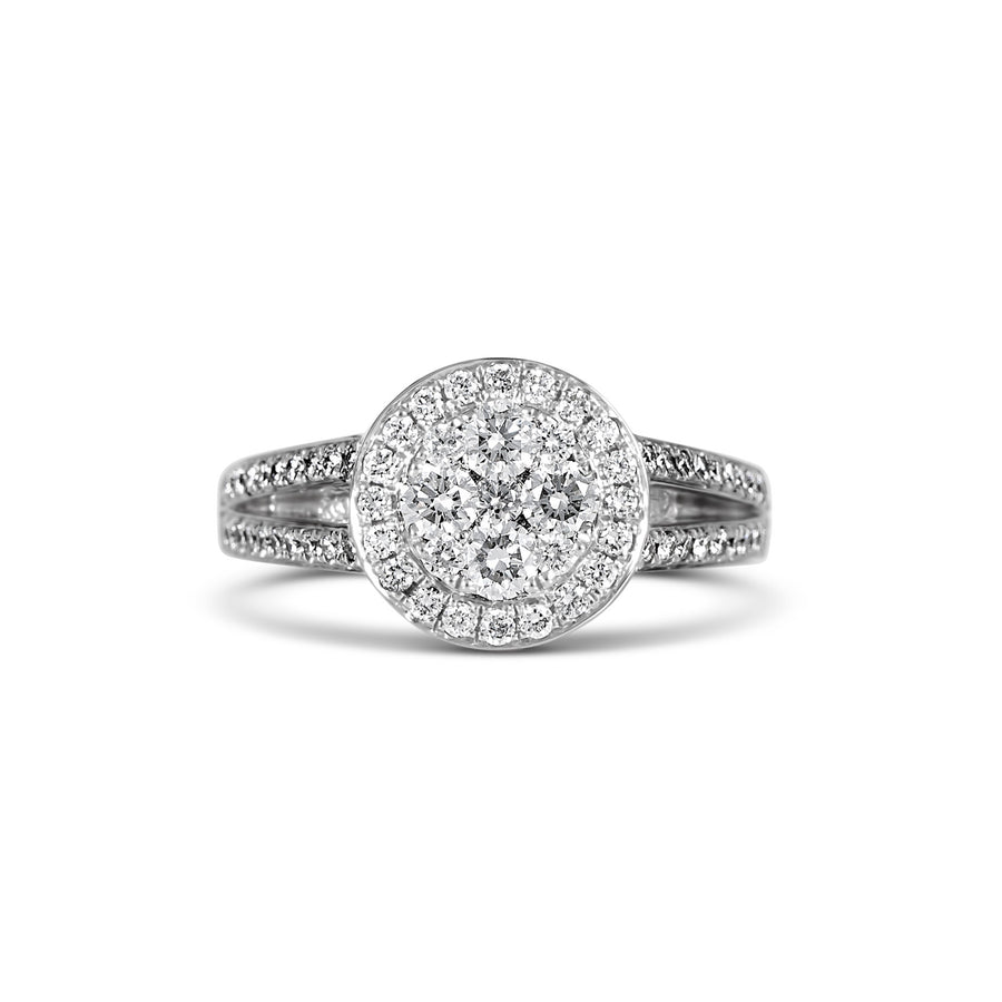 Promise Round Shape Round Brilliant Cut Diamond Cluster Split Shoulder Ring | White Gold