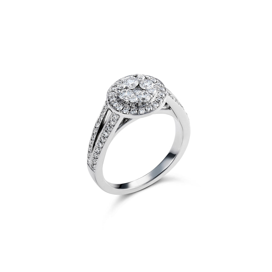Promise Round Shape Round Brilliant Cut Diamond Cluster Split Shoulder Ring | White Gold
