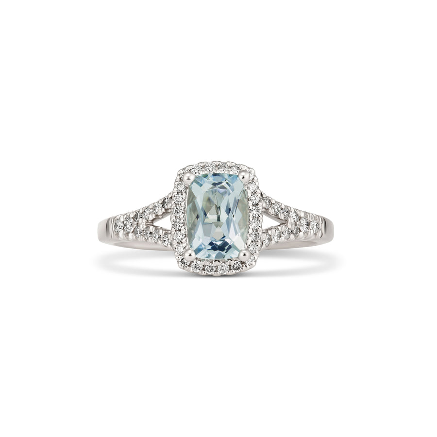 Regal Collection® Cushion Cut Aquamarine and Diamond Halo Ring | White Gold