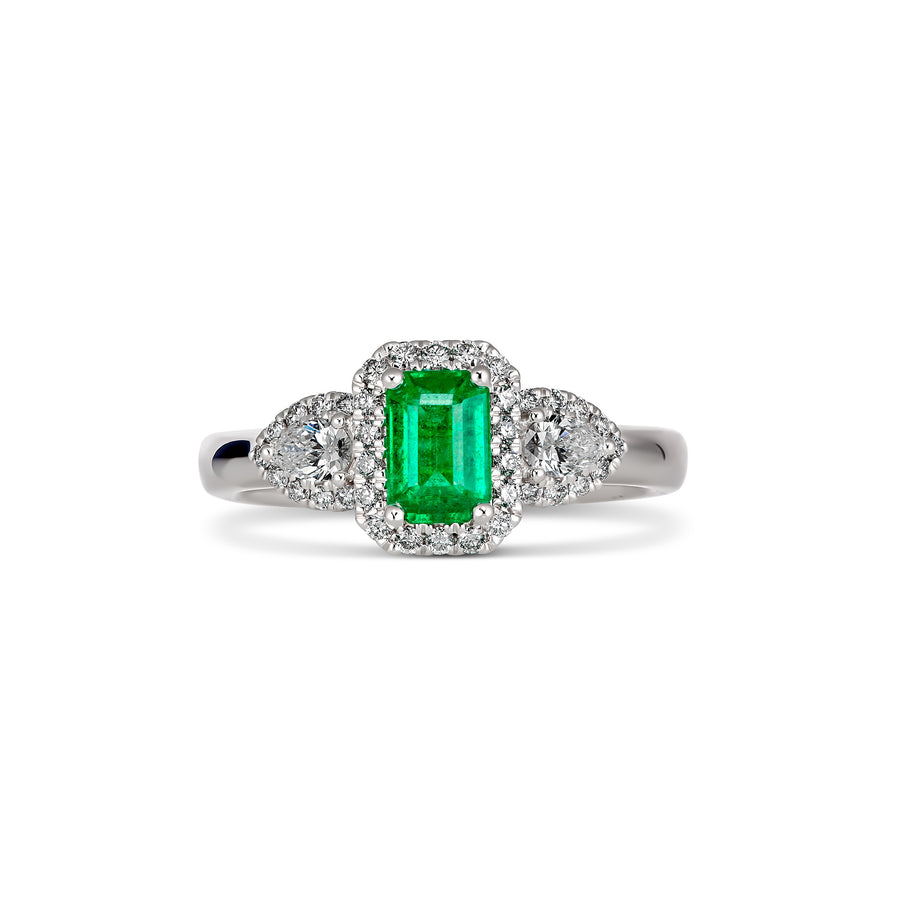 Regal Collection® Emerald Cut Emerald Gemstone Three Stone Ring | White Gold