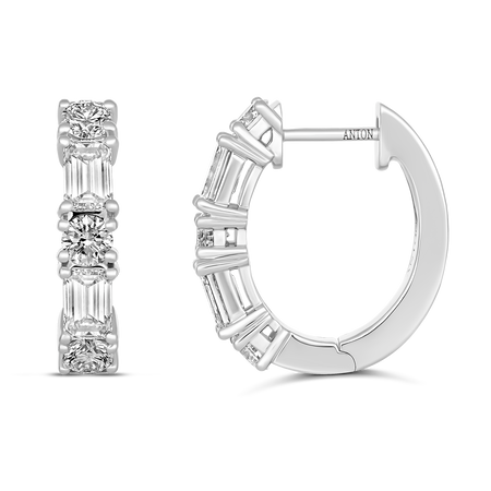 Riviera Emerald and Round cut Large Diamond Hoops | 18k White Gold