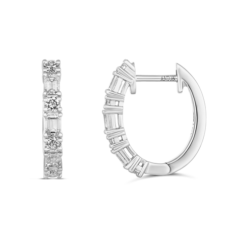 Riviera Emerald and Round cut Medium Diamond Hoops | 18k White Gold