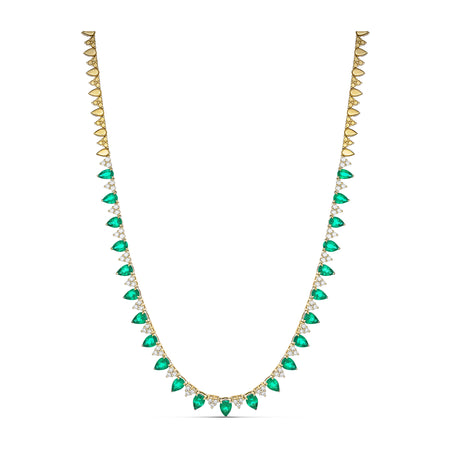 Riviera Pear Cut Emerald Gemstone and Diamond Necklace | 18K Yellow Gold