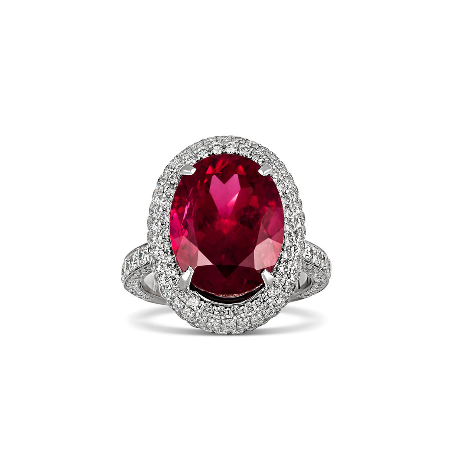 Regal Collection® Oval Cut Rubellite Tourmaline and Diamond Halo Ring | Platinum