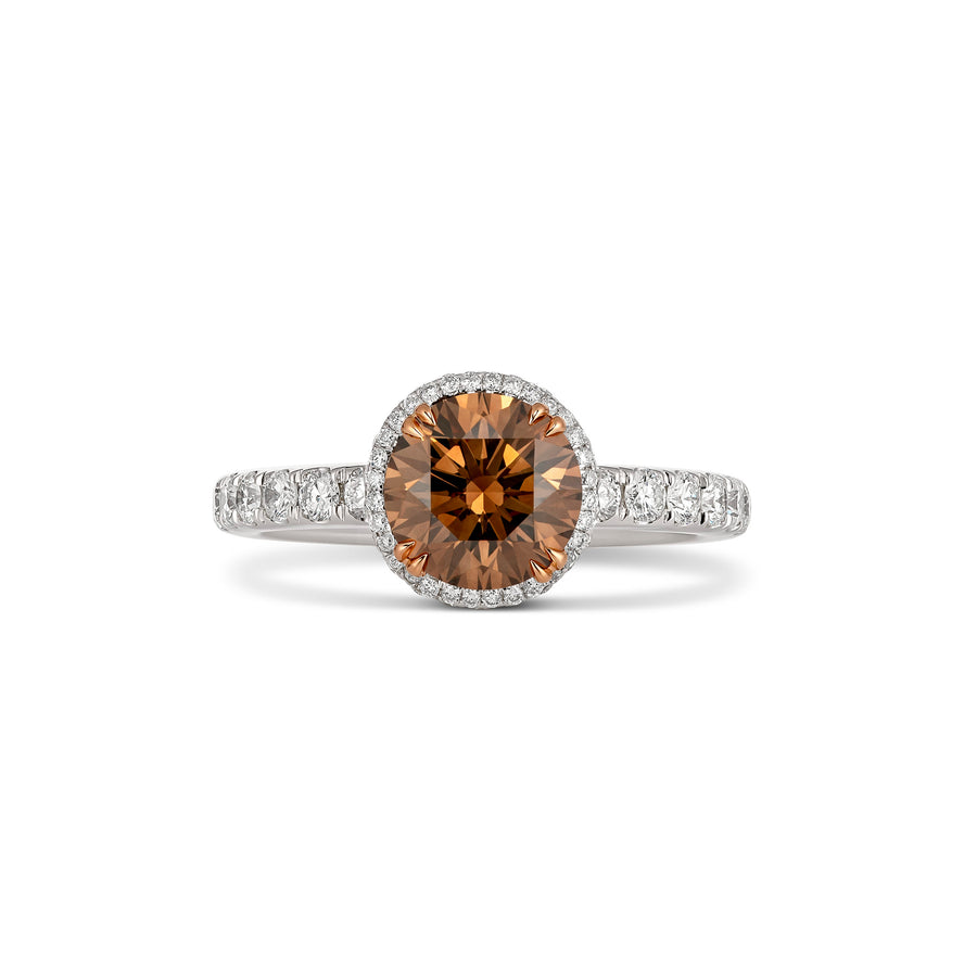 Classic Engagement Round Brilliant Cut Cognac Diamond Ring with Halo | White Gold