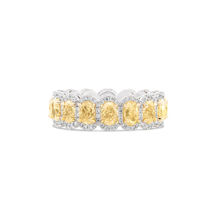 Riviera Oval Shaped Fancy Yellow Diamond Halo Eternity Ring | 18K White Gold