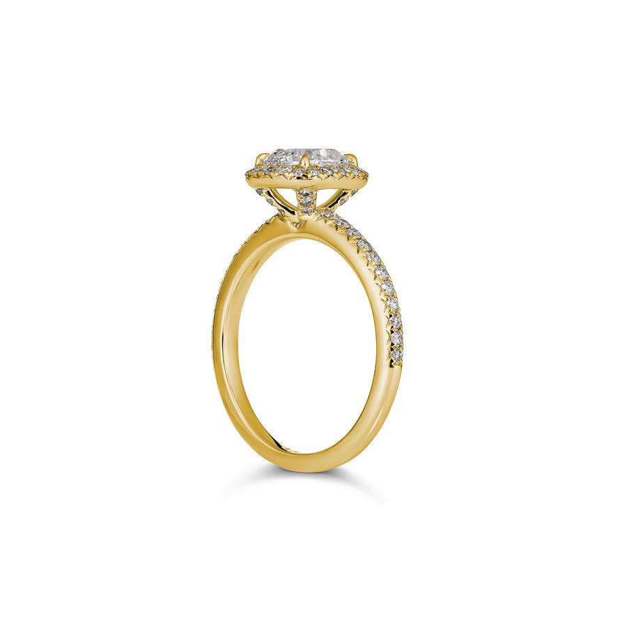 Classic Engagement Cushion Cut Diamond Ring with Diamond Halo | Yellow Gold