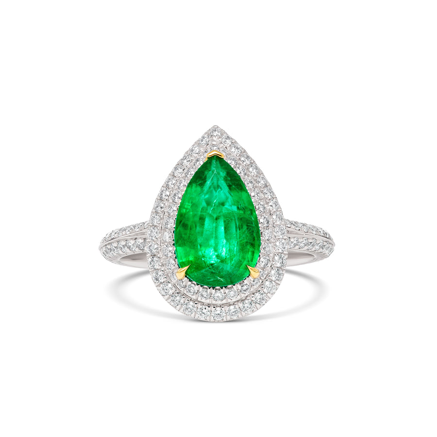 Regal Collection® Pear Cut Emerald Gemstone Double Halo | Platinum