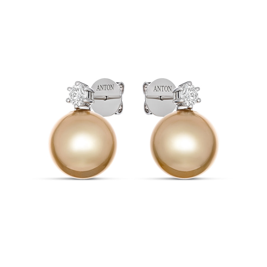 Classic Golden Pearl Diamond Drop Earrings | White Gold
