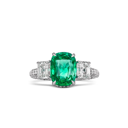 High Jewellery Three Stone Cushion Cut Emerald Gemstone and Diamond Ring | Platinum
