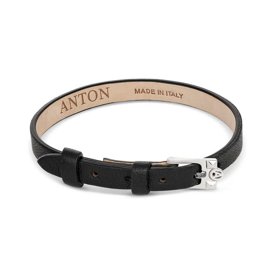 Leather Single Loop Bracelet with Diamond Buckle and Initials | White Gold