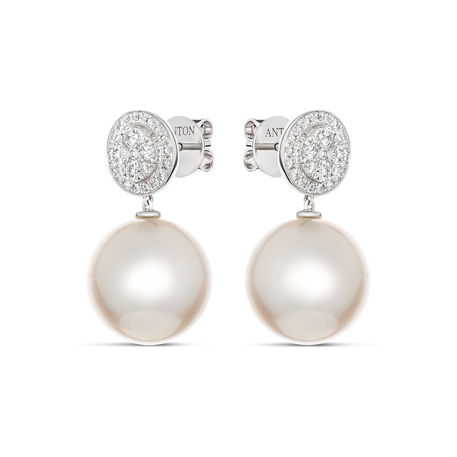 Promise Round Pearl and Diamond Drop Earrings | White Gold