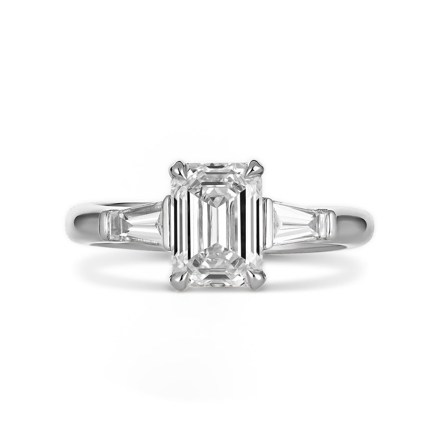 Classic Engagement Emerald Cut Four Claw Diamond Three Stone Ring | White Gold