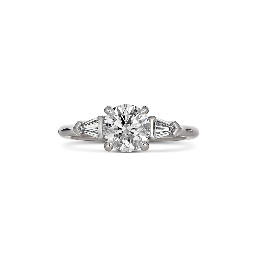 Classic Three Stone Round Brilliant Cut Diamond Engagement Ring with Tapered Baguettes | Platinum