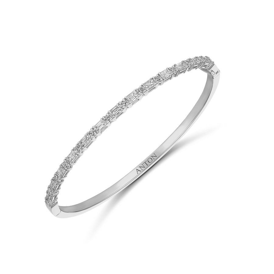 Riviera Emerald and Round Cut Medium Natural Diamond Bangle | 18K White Gold