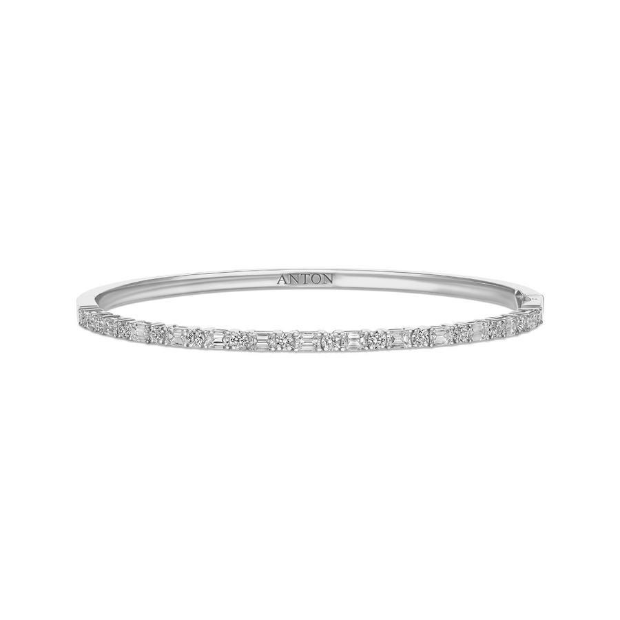 Riviera Emerald and Round Cut Medium Natural Diamond Bangle | 18K White Gold