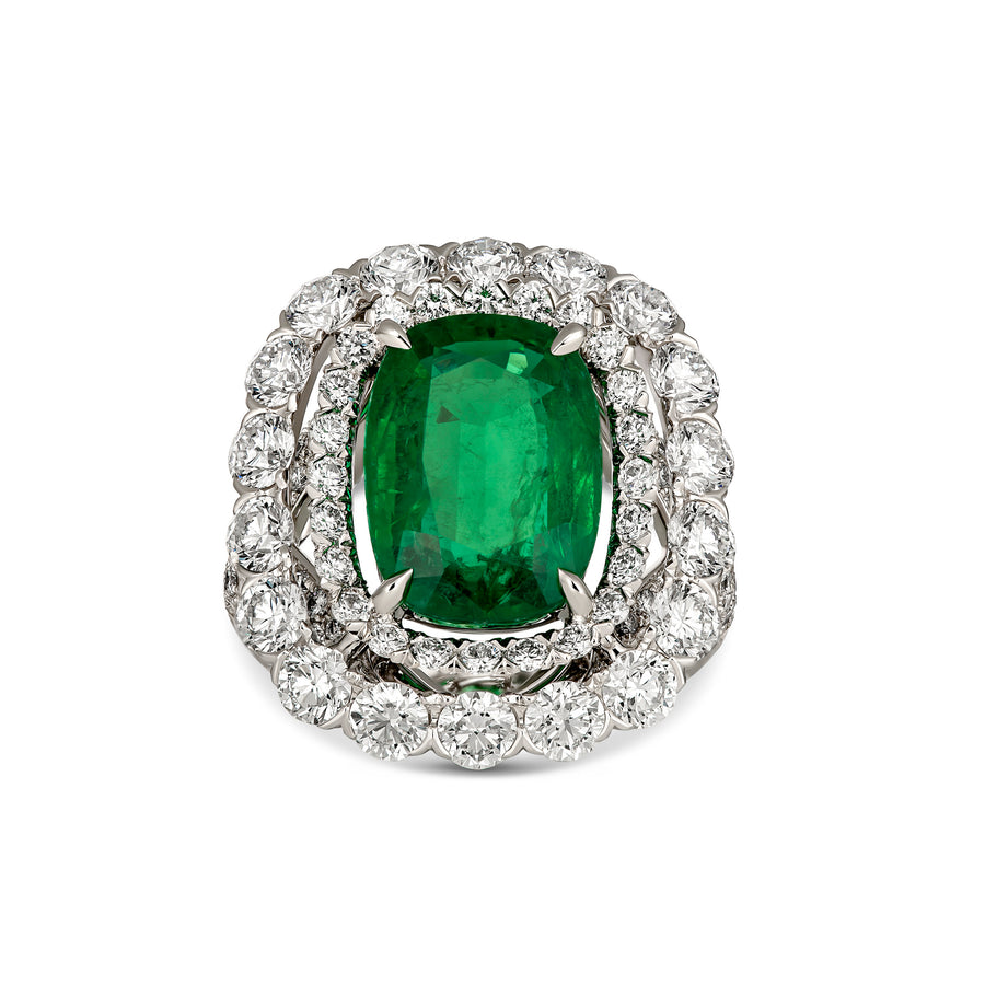 Regal Collection® Cushion Cut Emerald Gemstone and Diamond Halo Ring | White Gold