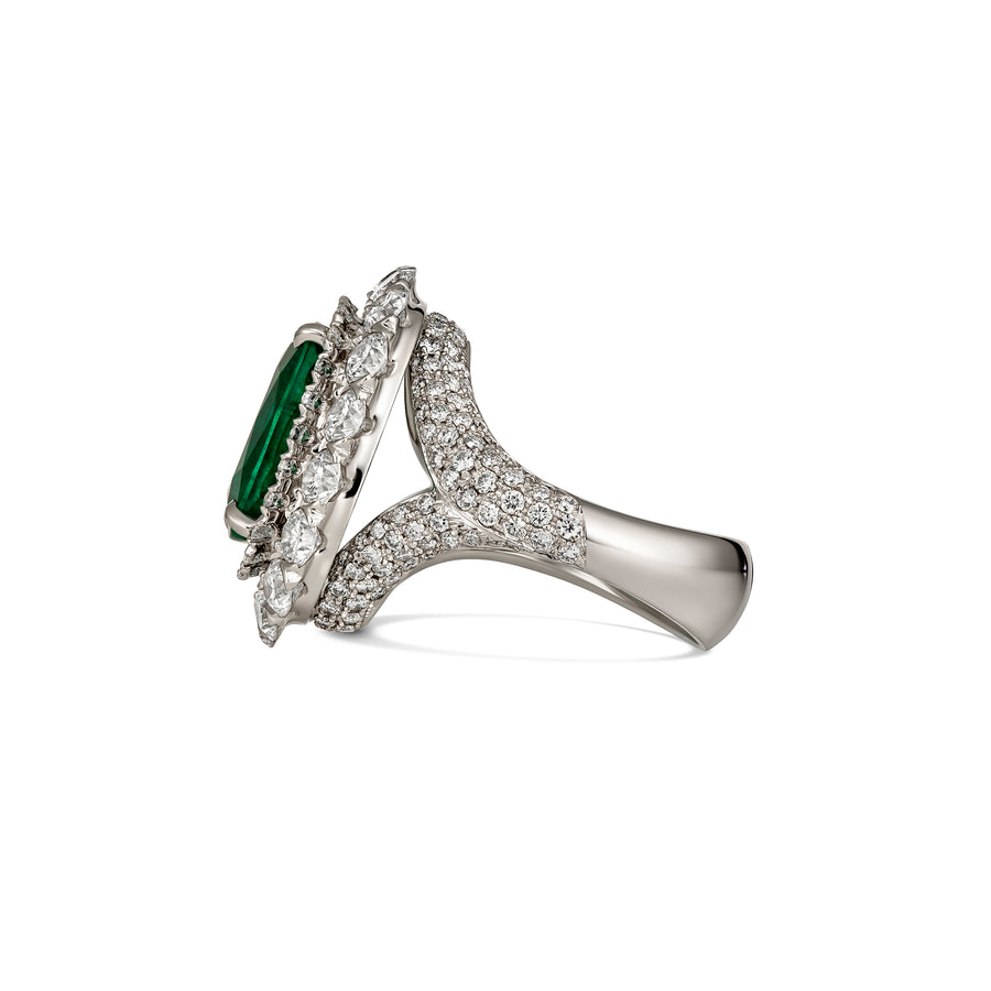 Regal Collection® Cushion Cut Emerald Gemstone and Diamond Halo Ring | White Gold