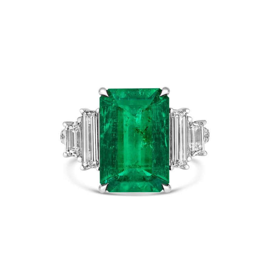 High Jewellery Emerald Gemstone and Diamond Three Stone Ring | Platinum