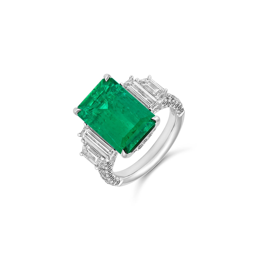 High Jewellery Emerald Gemstone and Diamond Three Stone Ring | Platinum