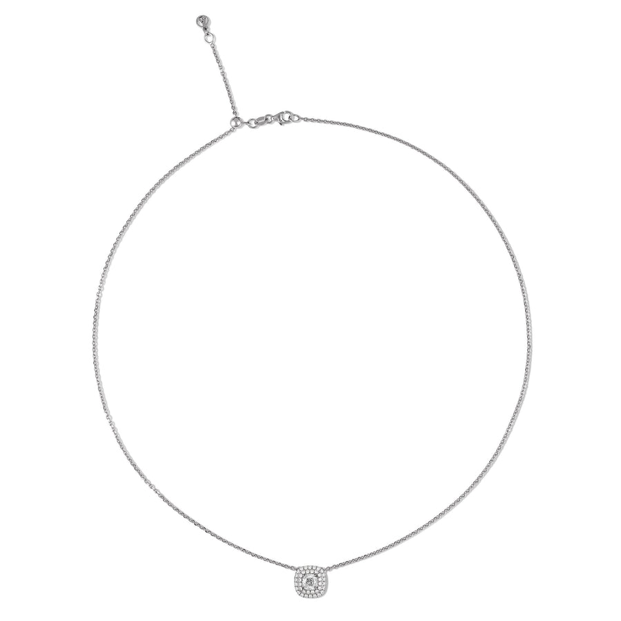 Classic Cushion Cut Diamond Pendant Necklace with Diamond Halo | White Gold