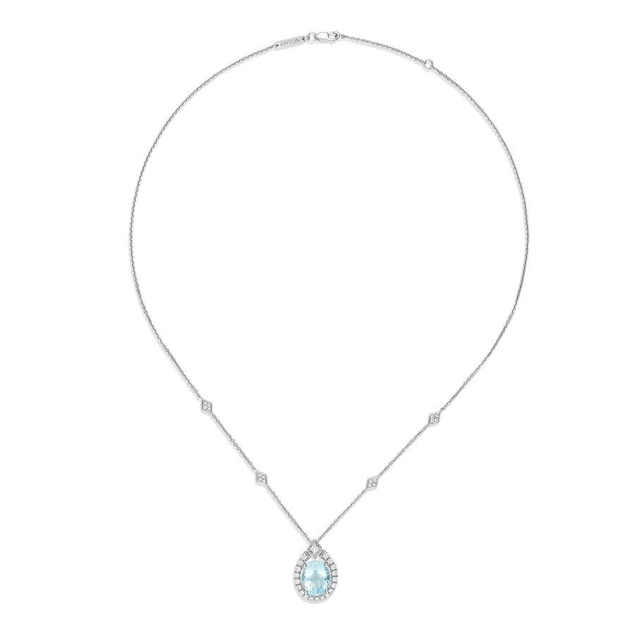 Regal Collection® Aquamarine Oval Cut Gemstone and Diamond Halo Necklace | White Gold