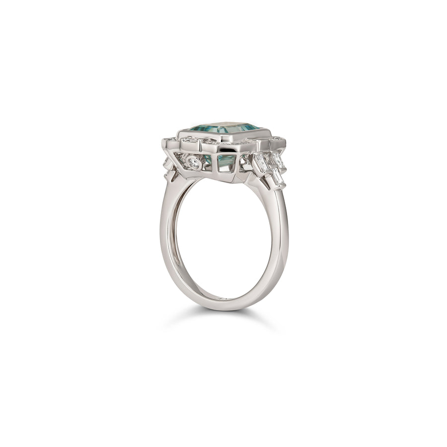 Regal Collection® Aquamarine Emerald Cut Ring with Diamond Halo | White Gold