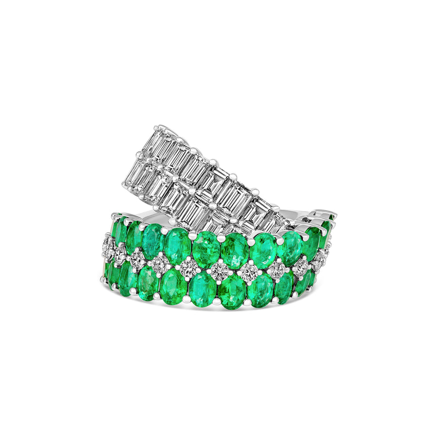 Artisan Diamond and Emerald Crossover Ring | 18K White Gold