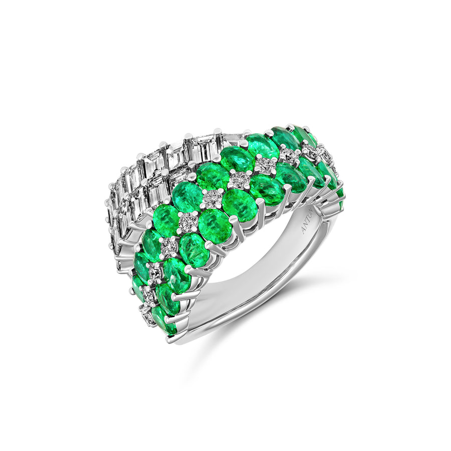 Artisan Diamond and Emerald Crossover Ring | 18K White Gold