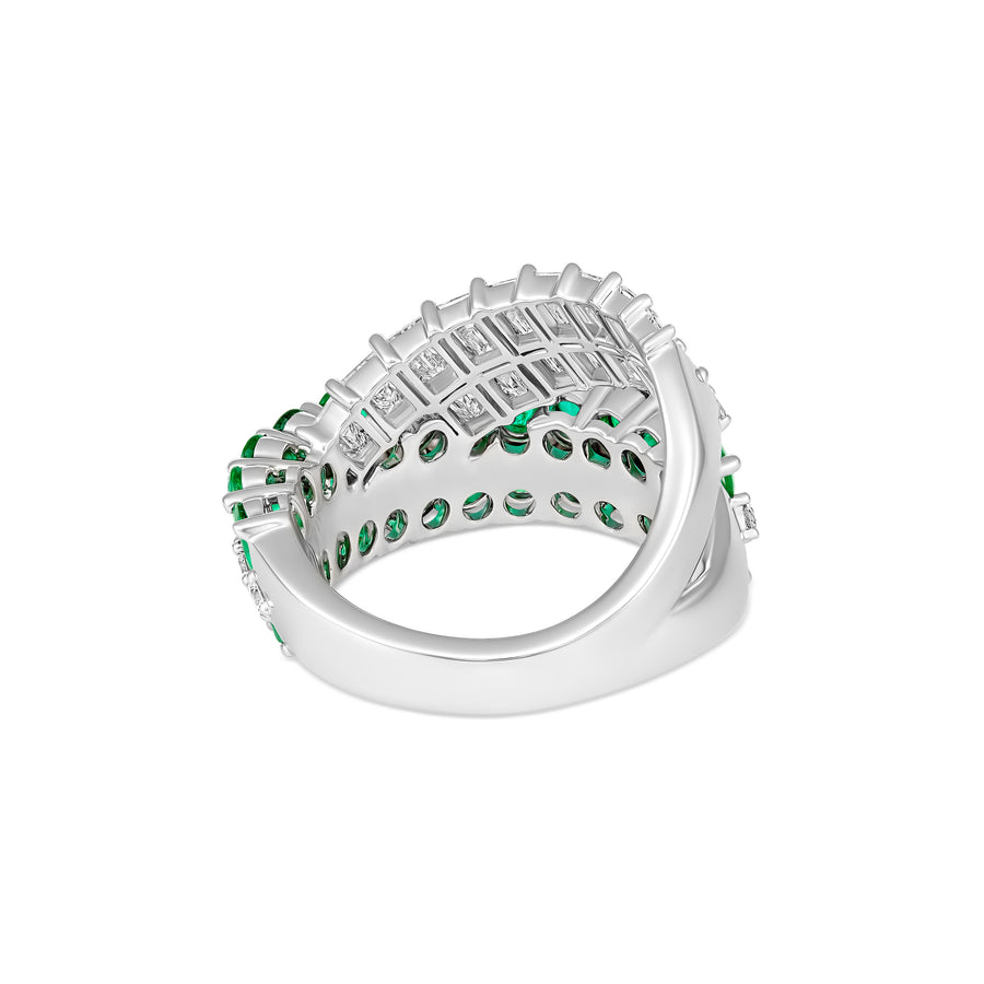 Artisan Diamond and Emerald Crossover Ring | 18K White Gold