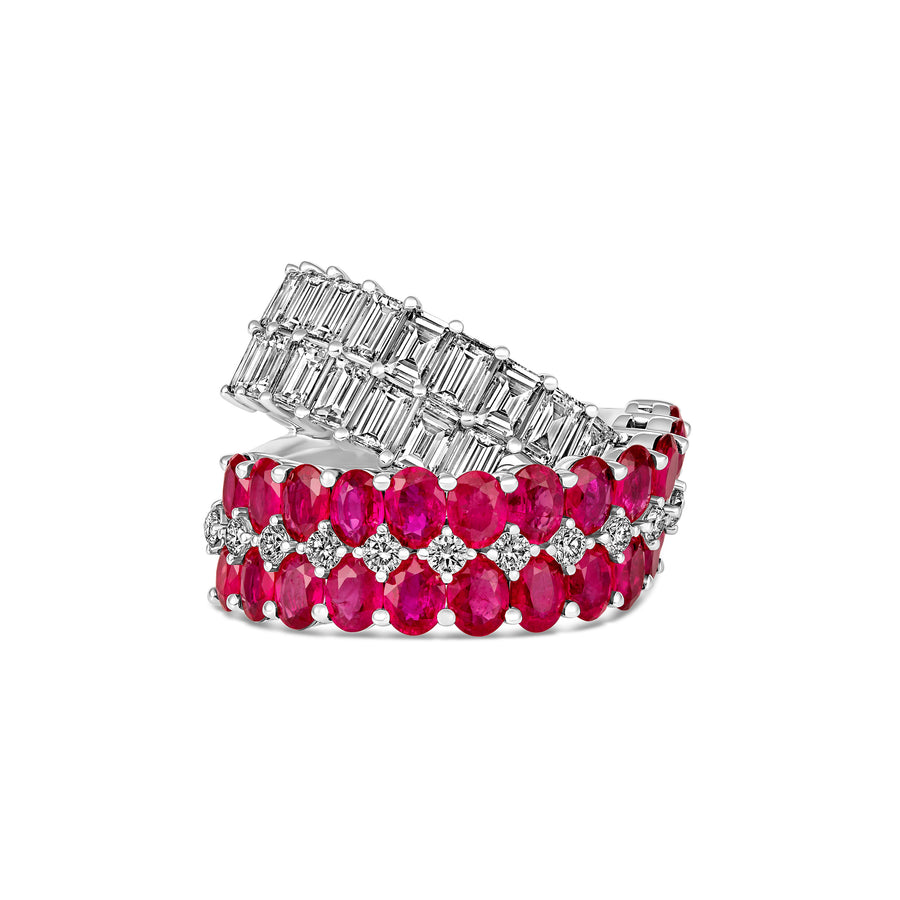 Artisan Diamond and Ruby Crossover Ring | 18K White Gold