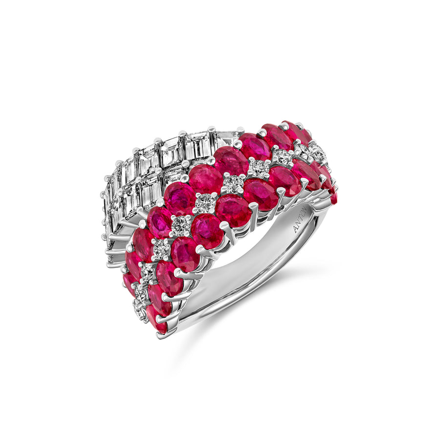 Artisan Diamond and Ruby Crossover Ring | 18K White Gold