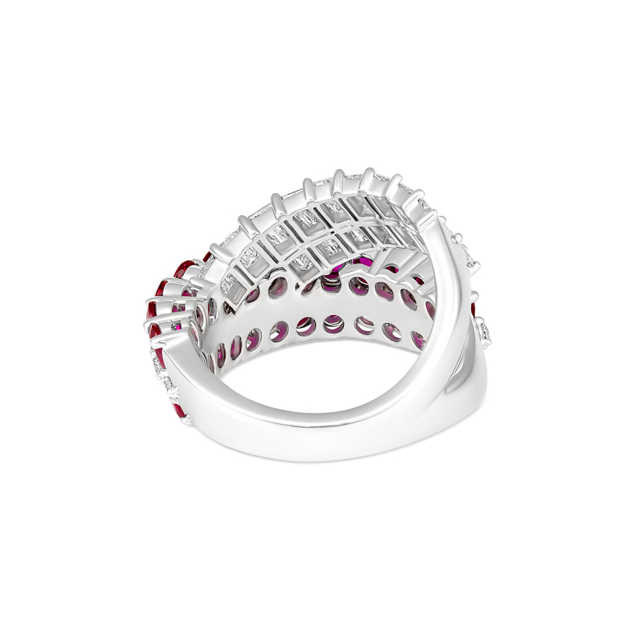 Artisan Diamond and Ruby Crossover Ring | 18K White Gold