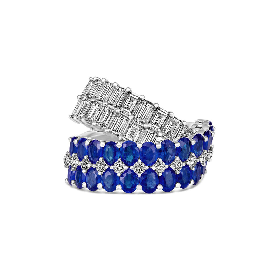 Artisan Diamond and Blue Sapphire Crossover Ring | 18K White Gold