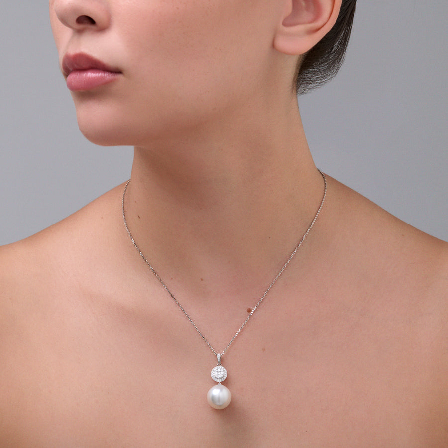 Promise Pearl Necklace with Round Diamond Halo Pendant | White Gold