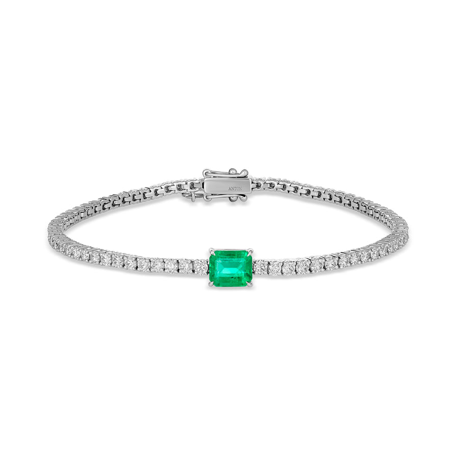 Classic Tennis Bracelet with Single Emerald Cut Emerald Gemstone | White Gold