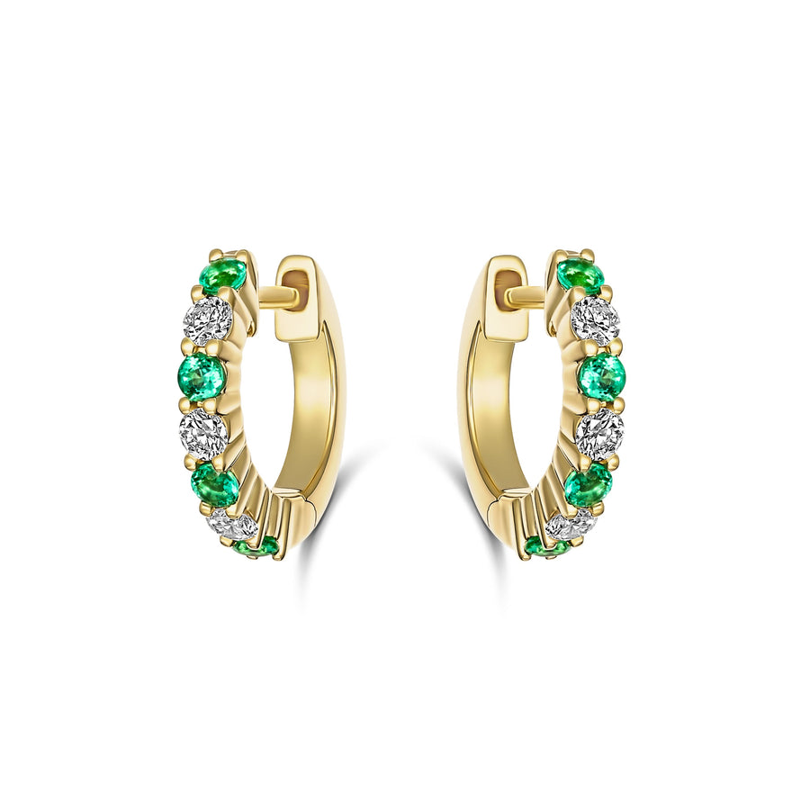 Classic Emerald and Diamond Small Huggies | 18K Yellow Gold