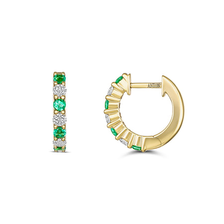 Classic Emerald and Diamond Small Huggies | 18K Yellow Gold