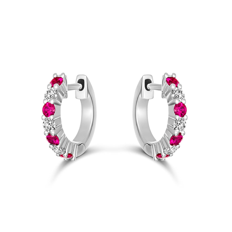 Classic Ruby and Diamond Small Huggies | 18K White Gold