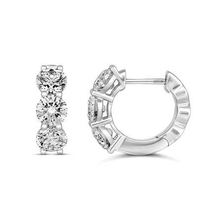 Classic Three Stone Natural Diamond Huggies | 18K White Gold
