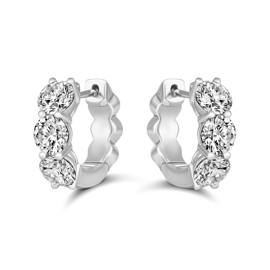 Classic Three Stone Natural Diamond Huggies | 18K White Gold