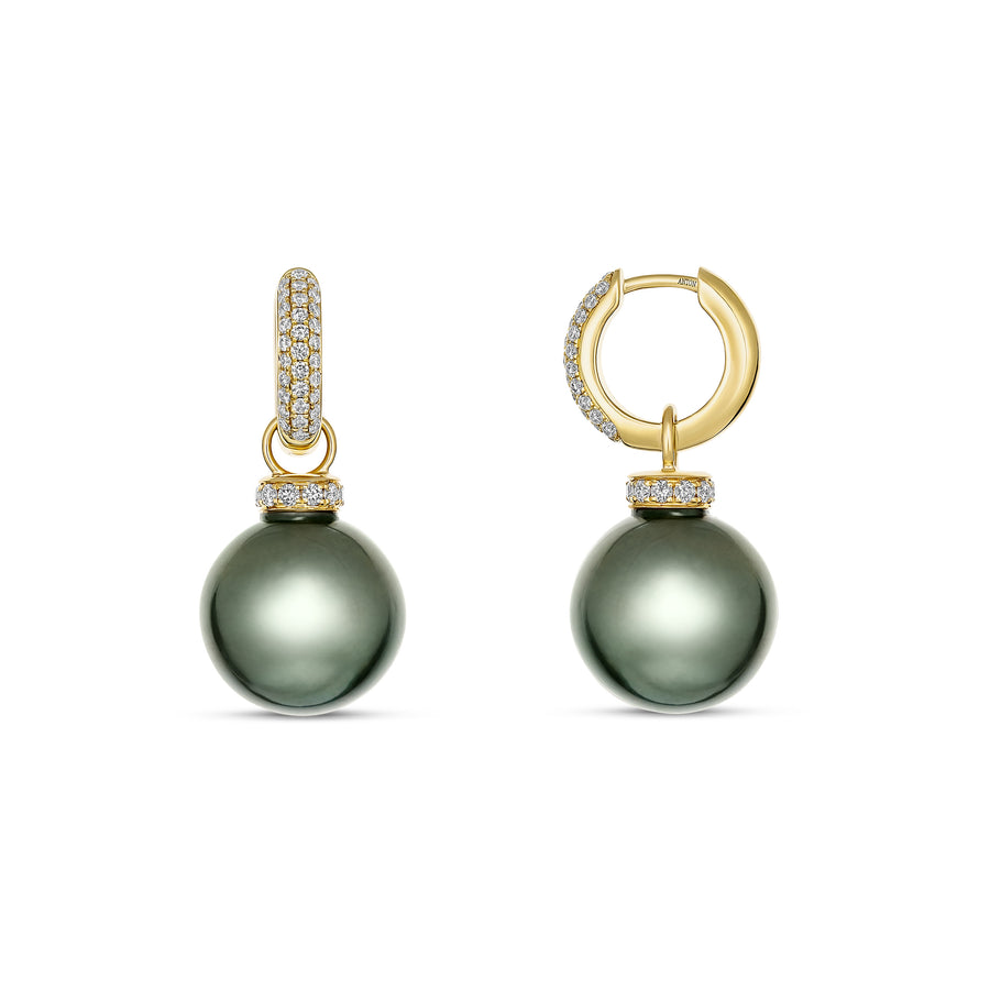 Artisan Black Tahitian Pearl and Diamond Drop Earrings | 18K Yellow Gold