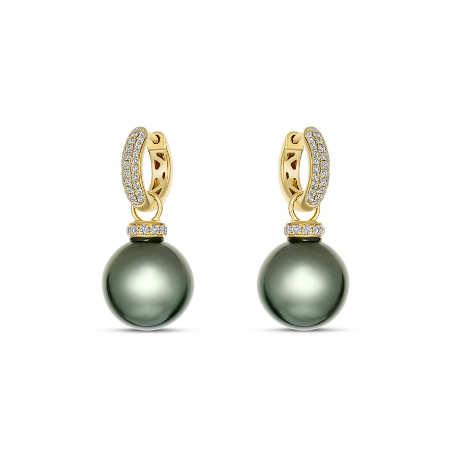 Artisan Black Tahitian Pearl and Diamond Drop Earrings | 18K Yellow Gold